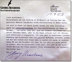 1. Juli 2023: Georg Quedens schreibt einen Brief an die Amrumer AktivistInnen.